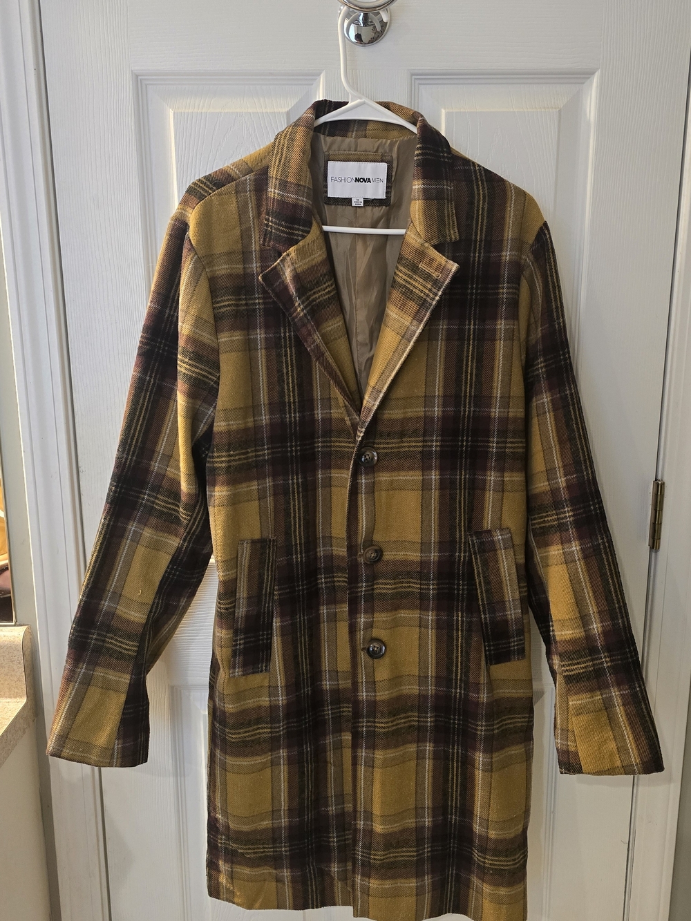 Fashion Nova Men Plaid Pea Coat - Mustard & Brown